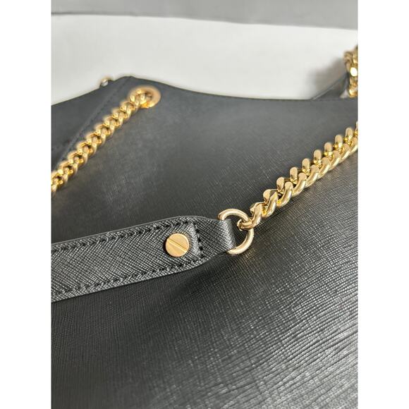 Michael Kors Jet Set Travel Large Leather Gold Chain Shoulder Tote Black Handbag - Picture 6 of 14